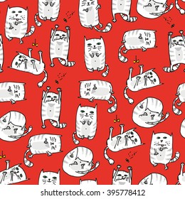 White cute cats seamless background in various poses, hand drawn, painted. Vector illustration