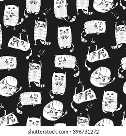 White cute cats seamless background in various poses, hand drawn, painted. Vector illustration