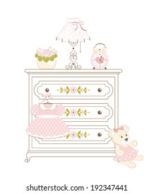White cute clothes-press with patterned lamp, clock, flowers and little girl pink dress on it and Teddy bear. Vector contour.