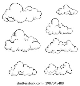 White Cute cloud cartoon weather  collection outline sketch hand drawn style vector illustration 