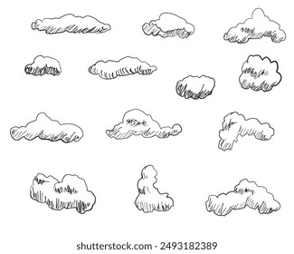 White Cute cloud cartoon weather  collection outline sketch hand drawn style vector illustration 