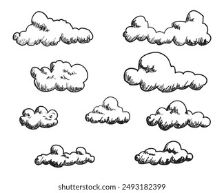 Blanco Nube linda colección de dibujos animados de Clima bosquejo dibujado a mano estilo Ilustración vectorial 