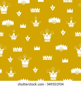 White cute crowns, gold background, hand drawn vector seamless pattern