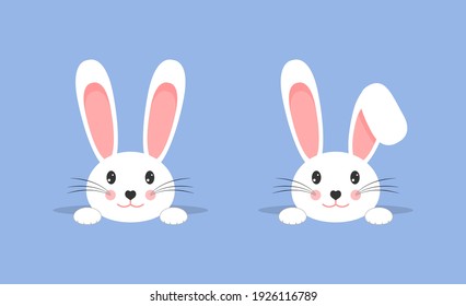 Hermoso conejito blanco de Pascua con fondo azul. La liebre blanca se arrastra fuera de la mente. Un conejito divertido. Ilustración del vector