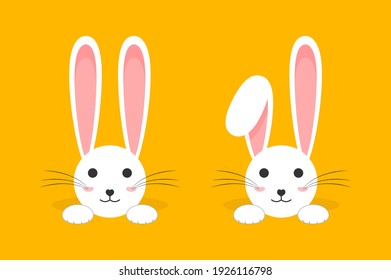 White cute easter bunny on yellow background. White hare crawls out of the mink. Funny bunny. Vector illustration