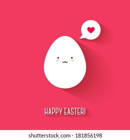 White Cute Easter egg with Speech bubble and heart on pink background. Vector illustration. 
