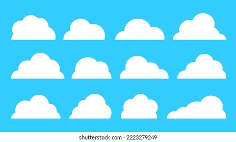 White cute flat clouds set isolated on blue landscape background. Abstract different cloud shapes icon symbol collection. Network internet storage cartoon web banner. Think speech bubble concept