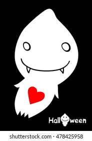 White cute ghost on the black background. Halloween poster banner design. Ghost with red heart on his stomach.