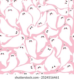 White cute ghostes with flowers on pink background. Seamless pattern for Halloween.