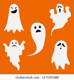 White cute ghosts for Halloween design. Set of different ghosts characters. Vector EPS 10.