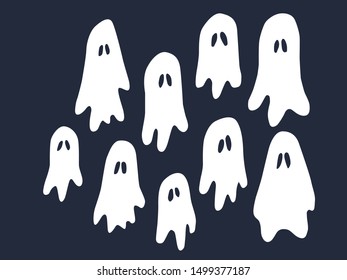White Cute Halloween Ghosts Hand Drawn Silhouette Illustration 