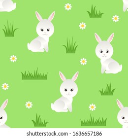 White cute hare in a green meadow. Seamless pattern with funny cartoon rabbits, grass and flower daisy. Vector illustration of bunny. Kids style.