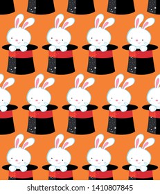 White cute hare in a hat seamless pattern