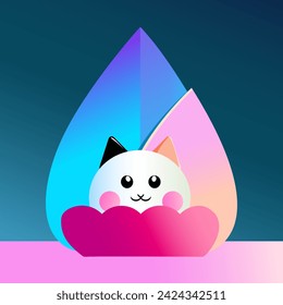a white cute kitten peeking out from behind a pink cloud. Vector illustration for a postcard or cover