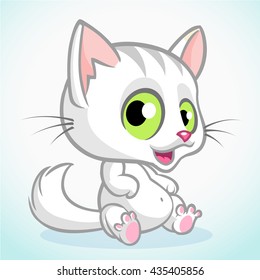 White cute kitty with green eyes sitting. Vector cartoon cat illustration