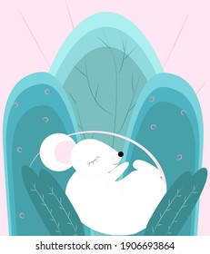 white cute little mouse sleeping in the foliage at dawn, in the forest, the beginning of a new day, cute cartoon character