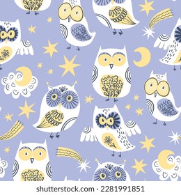 White cute little owls with stars, seamless vector pattern with birds, moon, stars, night sky. Detailed print with cartoon birds for kids fashion in blue colors