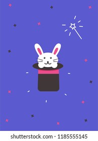 white cute magic rabbit in black wizard hat flat illustration