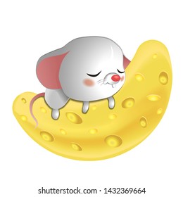 White cute mouse sleeping on a slice of cheese on a white background.