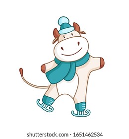 White cute ox, bull or cow skating in winter blue scarf kawaii cartoon character isolated on white for calendar, poster, greeting card, 2021 symbol, cute farm animal - vector illustration