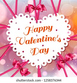 
White cute with pink ribbons Valentine on a bright red background with bokeh. Valentine's Day. Vector illustration