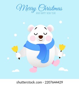 White cute polar bear with bells as a new year design