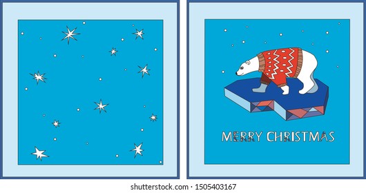White cute polar bear in a sweater on a blue background for Christmas. Greeting card with text Merry Christmas, animal, ice and snowflakes.