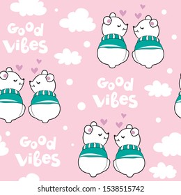 White cute polar bears, the inscription good vibes and white clouds on a pink background