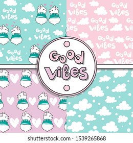 White cute polar bears, the inscription good vibes and white clouds seamless pattern collection