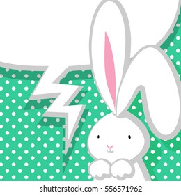 White cute rabbit with big ears pink nose, congratulates Easter, Birthday or other holiday. Vector festive hand drawn illustration. Comic bubble, empty balloon. Aquamarine halftone background.