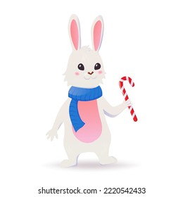 white cute rabbit in a blue scarf and with a New Year's lollipop in his hands. vector illustration