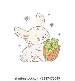 White cute rabbit or bunny with gift box hand drawn doodle style vector illustration isolated on white background. Christmas or birthday rabbit cute animal.