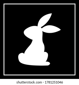 White cute rabbit character isolated on black. Vector. Easter greeting card.