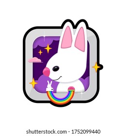White cute rabbit with a rainbow paw shows a gesture of peace. A colorful, bright icon with a character, clouds and stars. Vector illustration.