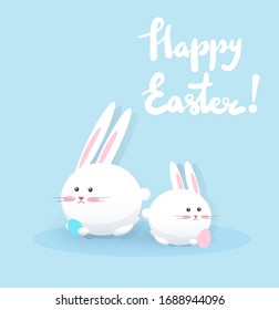 White cute rabbits with eggs. Easter lettering greeting card.