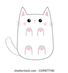 White cute sad cat baby kitten. Bottom below view. Pink paw print hand. Blush cheeks. Contour silhouette. Kawaii animal. Cartoon kitty character. Funny face. Love card. Flat . White background Vector