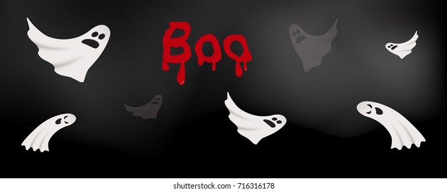 White cute and scary ghosts flying over dark fog background, Halloween word 'boo' with blood dripping, cartoon vector illustration.