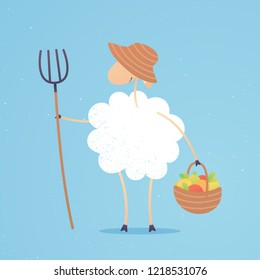 White cute sheep character in straw hat with pitchfork and basket of autumn harvest. Farmer with crop. Funny smiling animal. Vector illustration isolated on white background