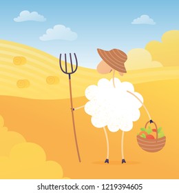 White cute sheep character in straw hat with pitchfork and basket of harvest standing in the autumn yellow field with straw rolls. Farmer with crop in fall landscape.Vector illustration