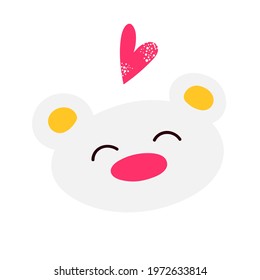 White cute smiling bear with a heart, vector illustration in flat style, isolated elements on a white background. Children's illustration for postcards, posters, clothing, decoration.