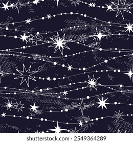 White cute stars on a dark background. Seamless winter pattern. Vector illustration.