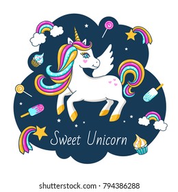 White cute unicorn with inscription - Sweet unicorn. For print design. Vector  Illustration