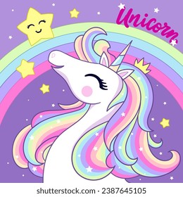 White cute unicorn looks at the stars against the background of a rainbow. Inscription Unicorn. For children's designs, prints, posters, non-adhesives, postcards, puzzles, etc. Magic theme. Vector