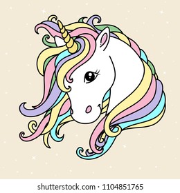 White cute unicorn vector head with mane and horn. Unicorn on starry background, card and shirt design.