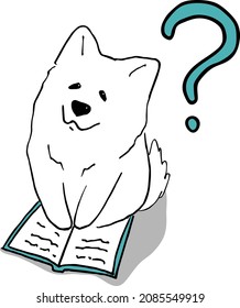 Weiße süße Wunder fragte Samoyed Hund mit Buchmagazin handgezeichnet Vektorgrafik doodle Skizze. Welpe Cartoon-Zeichendesign-Umriss.