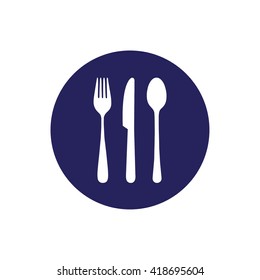 White cutlery icon set vector illustration. Blue circle. Blue button