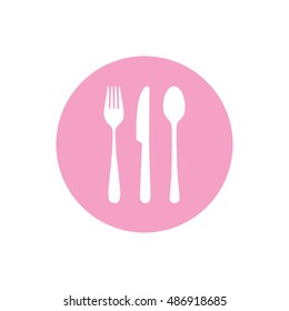 White cutlery icon set vector illustration. Pink button. Pink circle