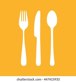 White cutlery set vector icon. Yellow background