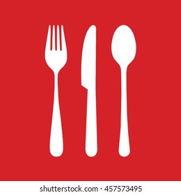 White cutlery set vector icon. Red background