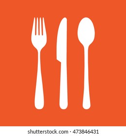 White cutlery set vector icon. Orange background